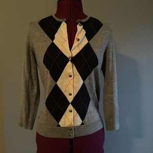 J. crew merino wool 3/4 sleeve argyle cardigan gray navy orange Small